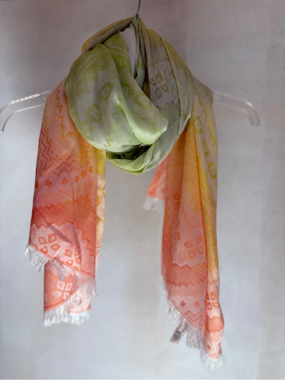 Chico’s Colorful Geometric Scarf Coral Green Yellow Boho Lightweight Fringe